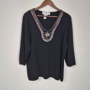 Joseph A Women's Black Long Sleeve V-Neck Beaded Pullover Knit‎ Top Size 2X